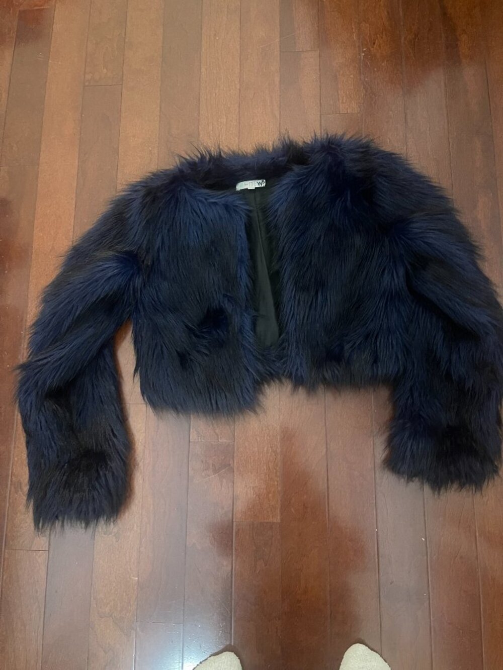 Midnight Blue Faux Fur Cropped Jacket XS Indie Sleaze Mob Wife - Picture 4 of 8